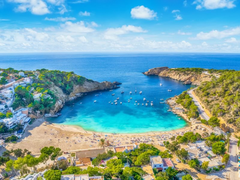 Aerial view of Cala Saladeta, Ibiza islands, Spain